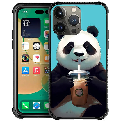 for iPhone 13 Case, Cute Cartoon Panda Drink Coffee Pattern Graphic Design for Girl Boy Soft Silicone Hard Acrylic Shock Protection Designed for iPhone 13