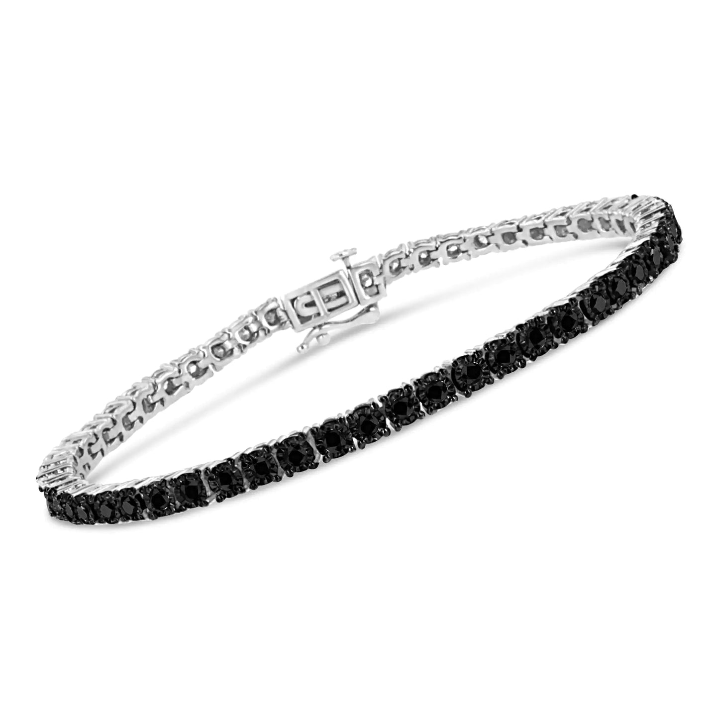 .925 Sterling Silver 3.0 Cttw Miracle-Set Treated Black Diamond Round Miracle Plate Tennis Bracelet (Black Color, I3 Clarity) - 7.25" WEM Support (www.WEM.support)
