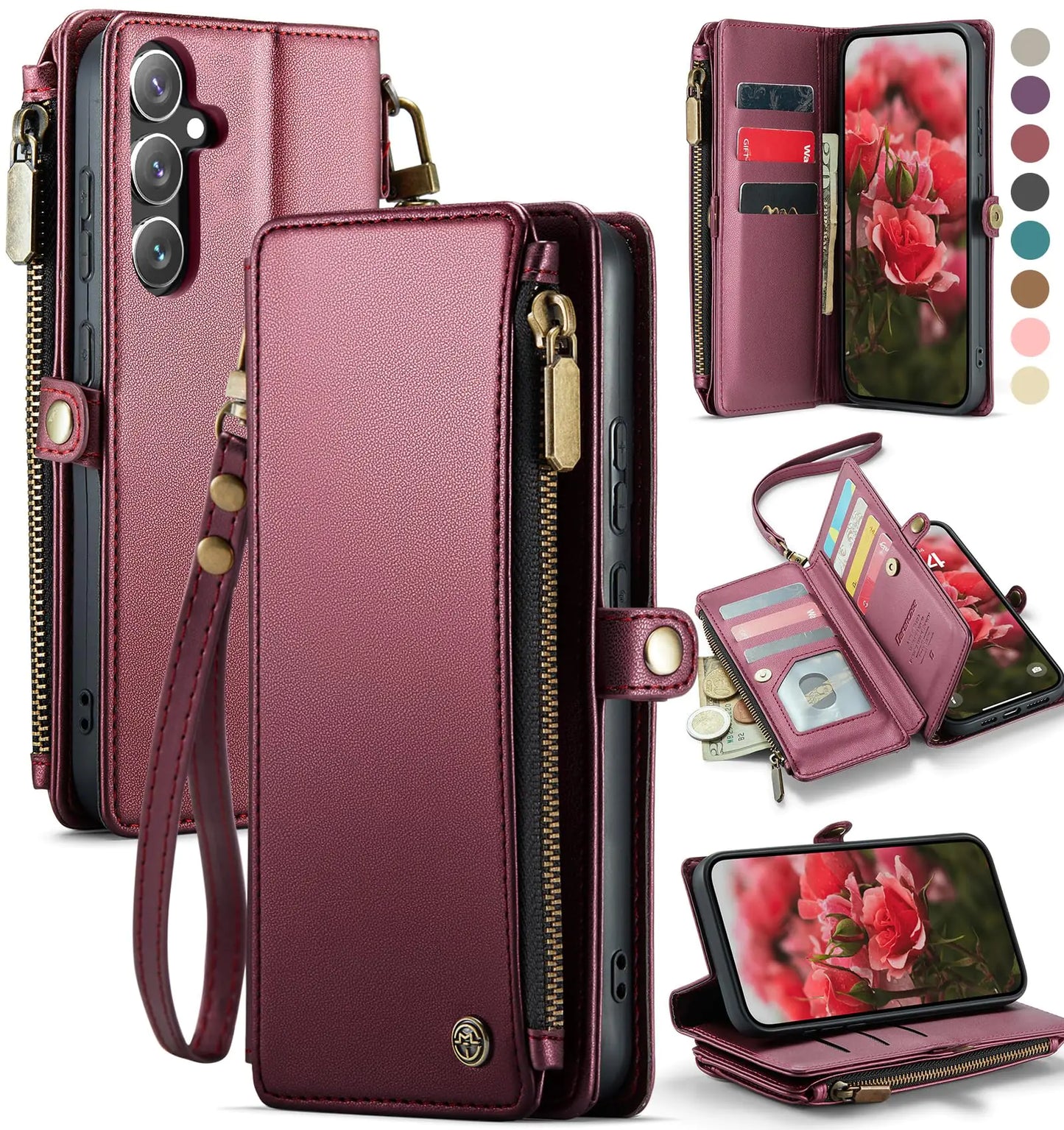 Defencase Compatible with Samsung Galaxy S24 FE Case Wallet with RFID Blocking Card Holder for Women Men, PU Leather Magnetic Snap Flip Zipper Strap Wallet Phone Case for Galaxy S24 FE 5G 6.7", Purple