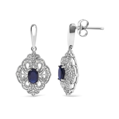 .925 Sterling Silver 6x4 MM Oval Blue Sapphire and White Diamond Accent Art Deco Style Shield Dangle Earring (I-J Color, I3 Clarity) WEM Support (www.WEM.support)