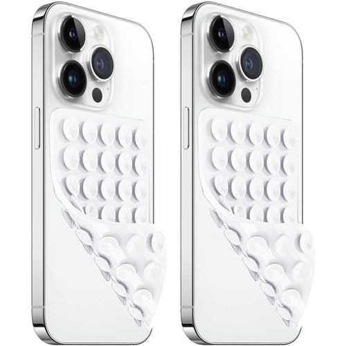 Two white silicone suction cup phone mounts attached to the back of a smartphone, providing a grip for hands-free use.