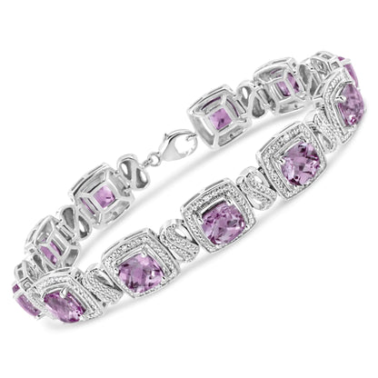 .925 Sterling Silver 7x7 mm Cushion Cut Purple Amethyst and 1/10 cttw Round Cut Diamond Square Shape Tennis Bracelet (I-J Color, I1-I2 Clarity) - 7" WEM Support (www.WEM.support)