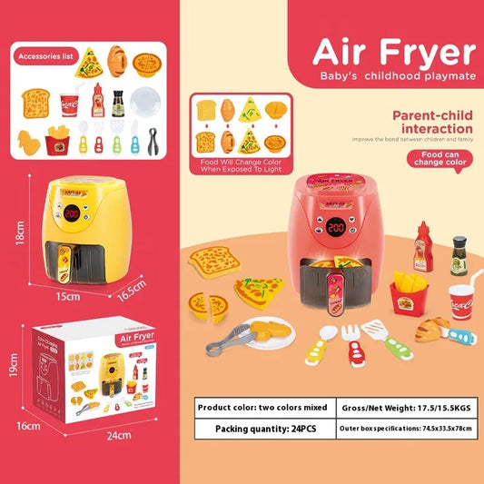 Children's toy air fryer playset with various colorful play food items and kitchen accessories displayed. The toy is modeled after a real air fryer with functional buttons and dials, and the color of the toy changes to indicate cooking.