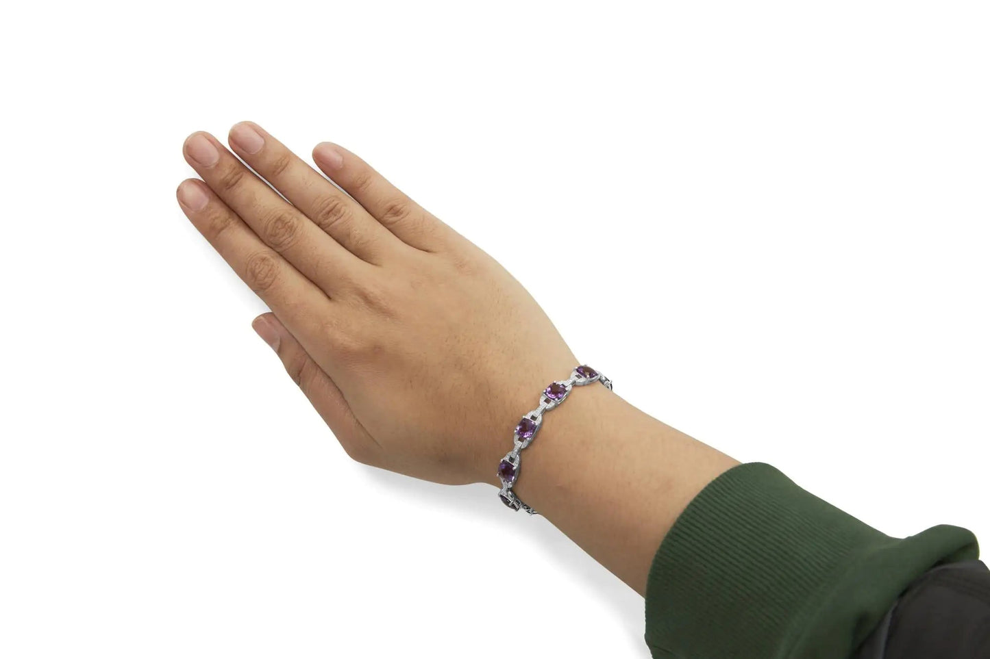 .925 Sterling Silver 7mm Cushion Cut Amethyst Gemstone and Diamond Tennis Link Bracelet (I-J Color, I1-I2 Clarity) - Size 7" WEM Support (www.WEM.support)