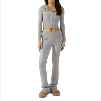 Women’s 2-Piece Knitted Hooded Set - Long-Sleeve Cardigan & High-Waist Trousers WEM Support (www.WEM.support)