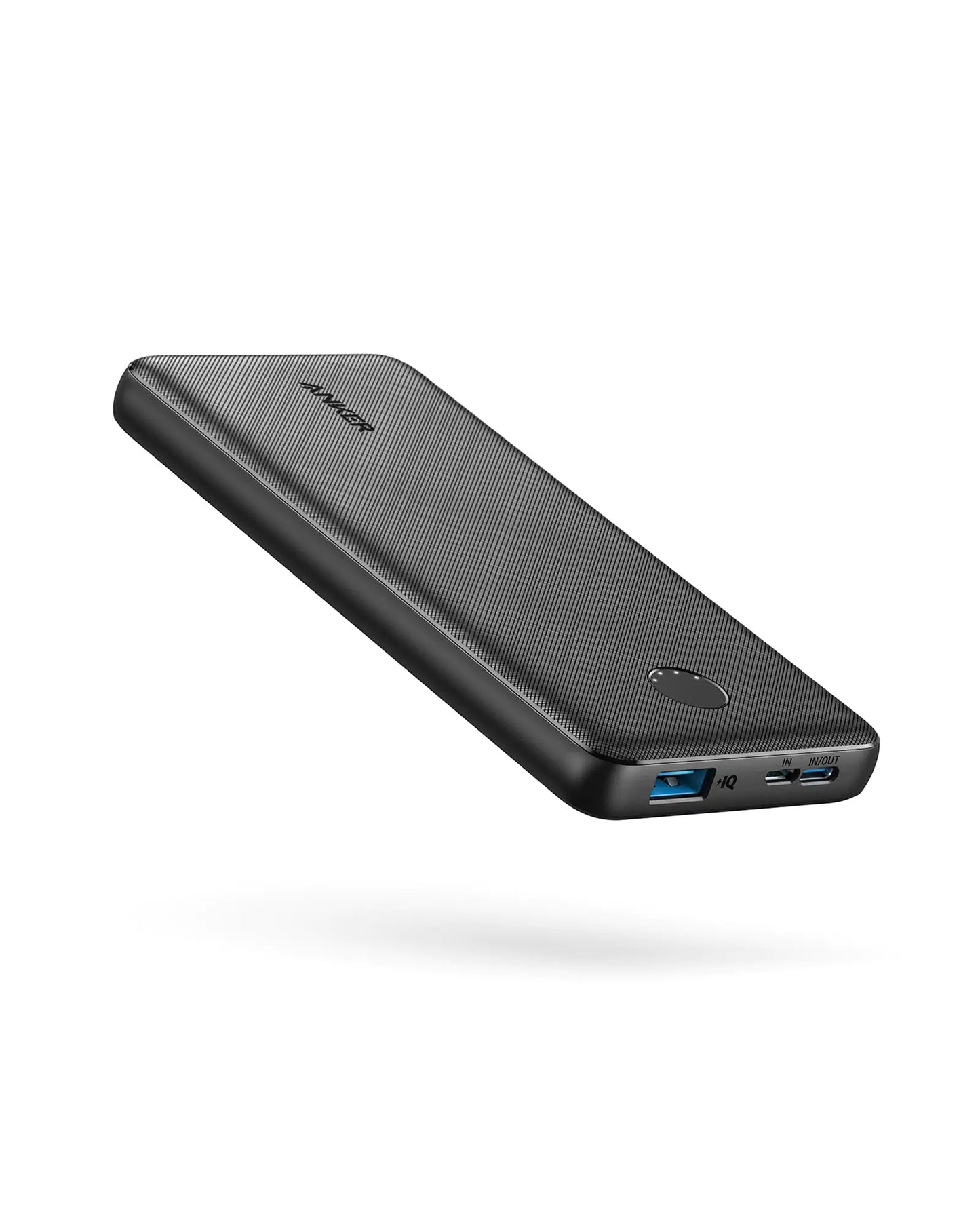 A black Anker power bank with PowerCore 10K indicated on the front. It has at least one USB-C input and two USB output ports.