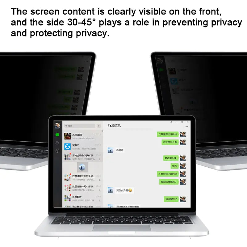 A laptop screen protector with a privacy filter applied, shown in an environment where the protector is effective in preventing the side views of the screen from being seen by individuals not directly in front of the laptop.