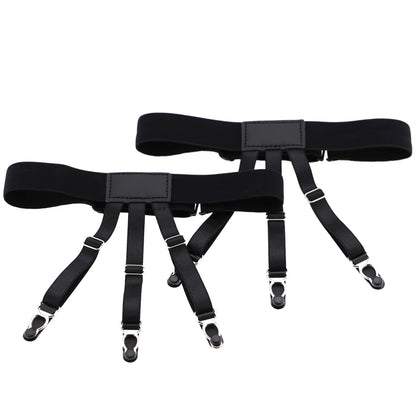 A pair of black anti-wrinkle dress shirt garters with adjustable leg loops and metal clips