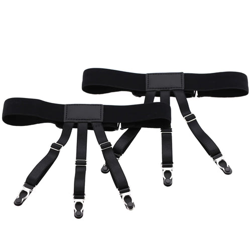 A pair of black anti-wrinkle dress shirt garters with adjustable leg loops and metal clips