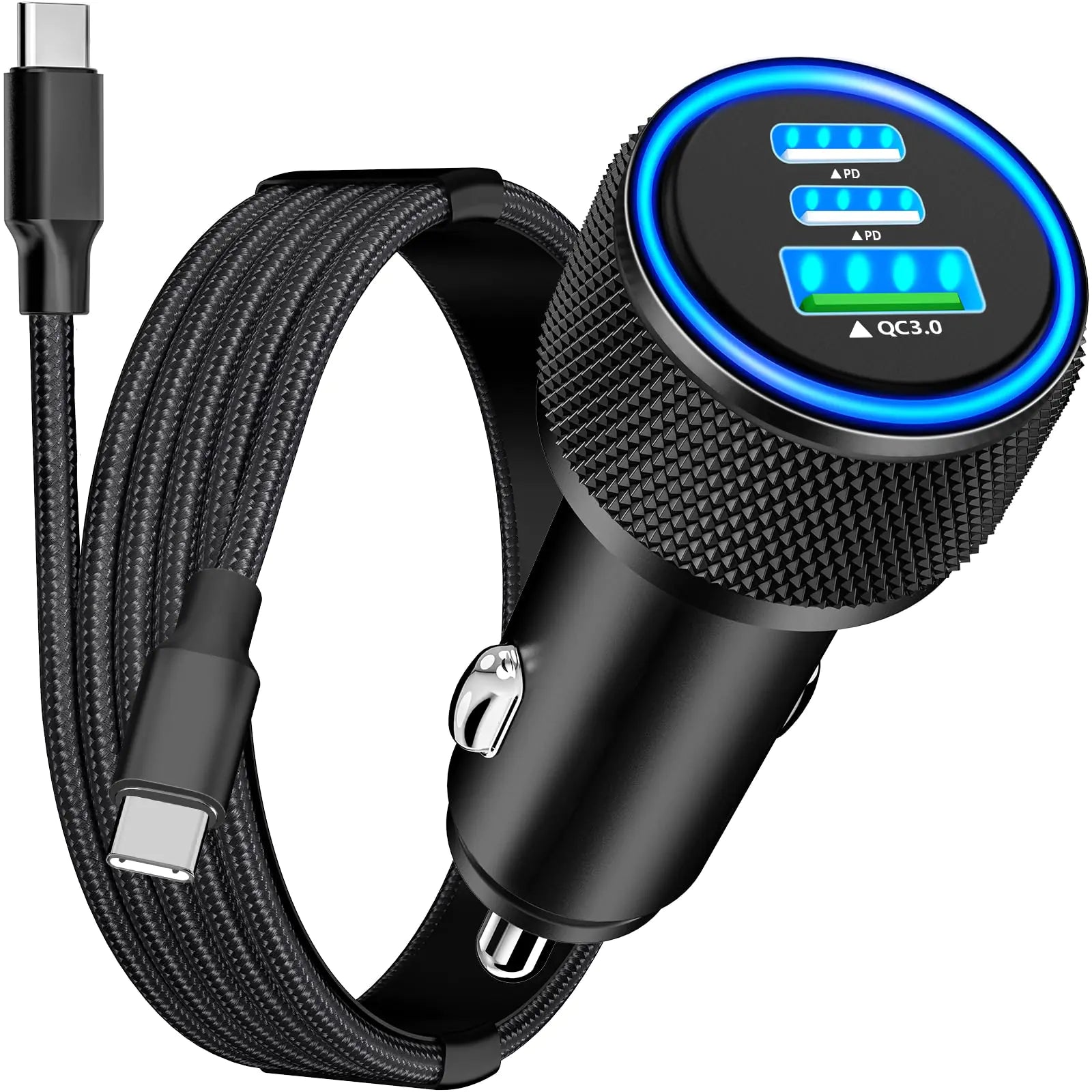 Car charger with digital display and USB cable on a white background