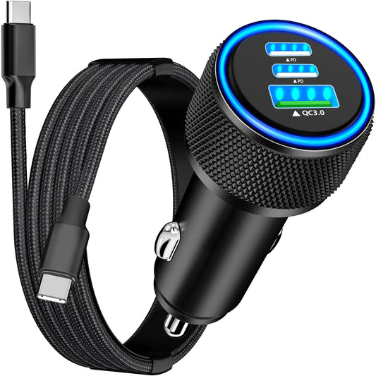 Car charger with digital display and USB cable on a white background