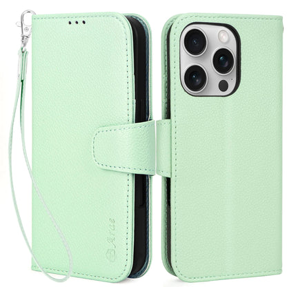 A beige Arae brand wallet case with card holder and wristlet strap for iPhone 16 Pro, displayed from front and back.