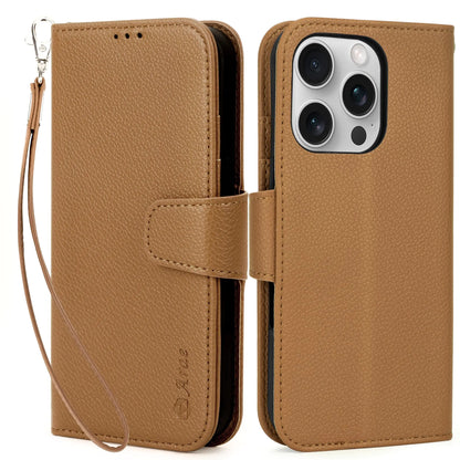 A beige Arae brand wallet case with card holder and wristlet strap for iPhone 16 Pro, displayed from front and back.