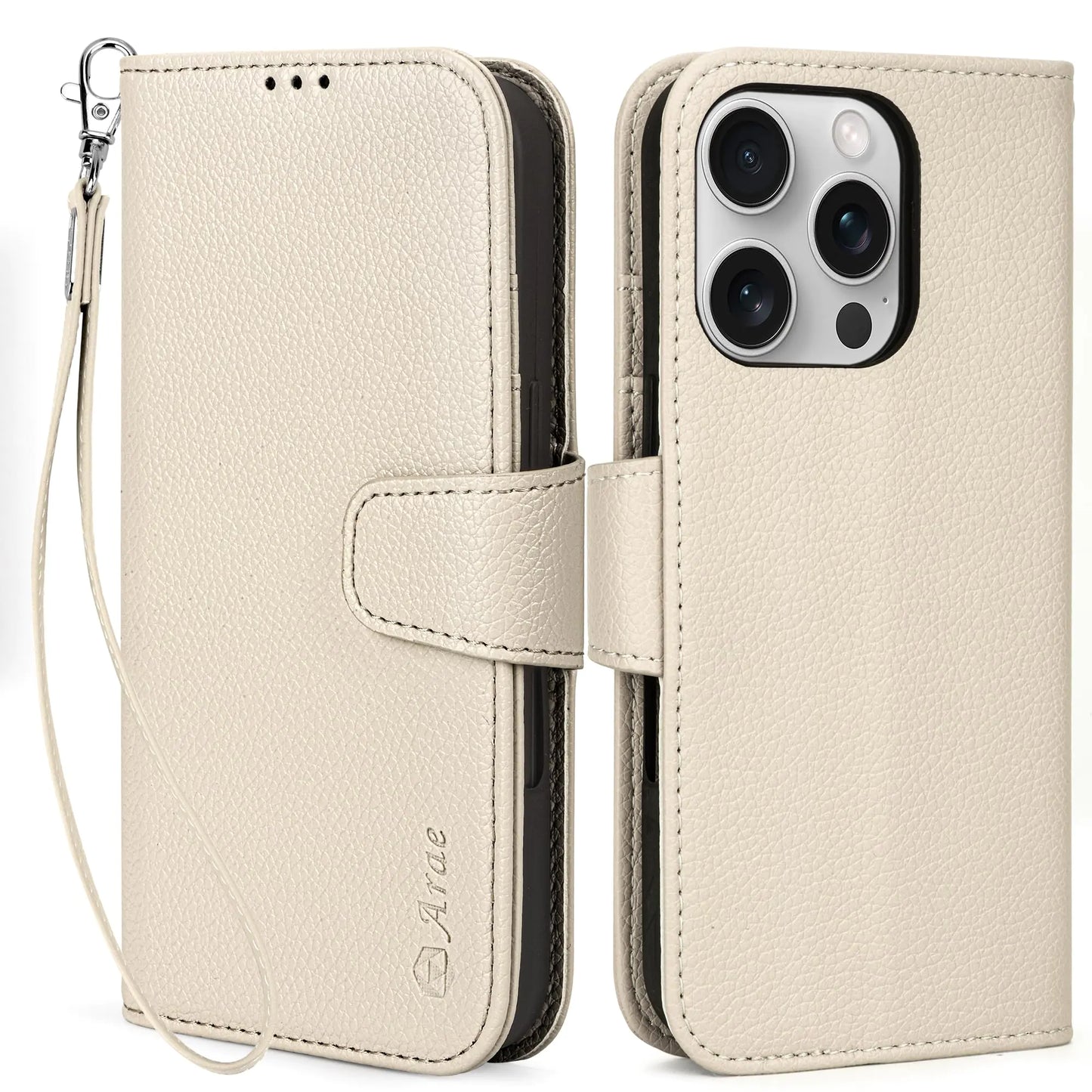 A beige Arae brand wallet case with card holder and wristlet strap for iPhone 16 Pro, displayed from front and back.