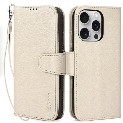 A beige Arae brand wallet case with card holder and wristlet strap for iPhone 16 Pro, displayed from front and back.