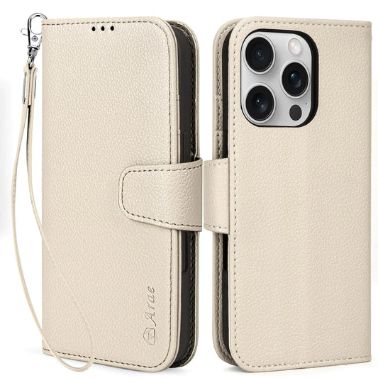 A beige Arae brand wallet case with card holder and wristlet strap for iPhone 16 Pro, displayed from front and back.