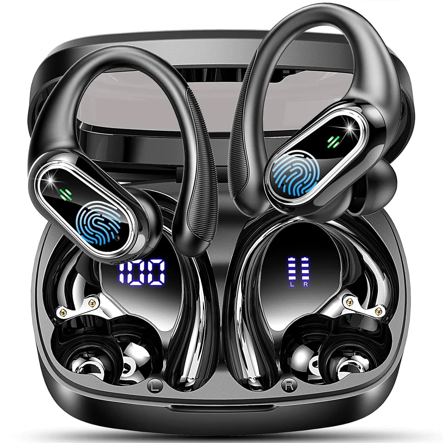 Auriculares Inalámbricos Bluetooth Deportivos con Cancelación de Ruido ENC, 50 Horas de Reproducción, Gancho para Orejas, Bajos Profundos, Pantalla Digital, IP7 Impermeable para Correr/Ejercicio HejK.com
