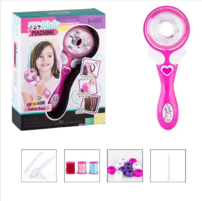 The image shows a pink and white box packaging for a Shining brand automatic DIY hair braiding machine, alongside multiple transparent circular braiding discs with decorative elements.