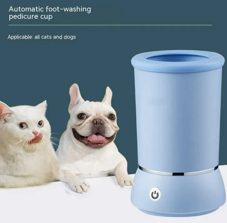 Automatic pet paw cleaner with a white exterior, featuring a silicone bristle cup. A white cat and a white dog are present, indicating the product's use for pets.