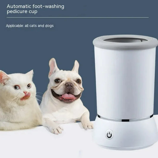 Automatic pet paw cleaner with a white exterior, featuring a silicone bristle cup. A white cat and a white dog are present, indicating the product's use for pets.