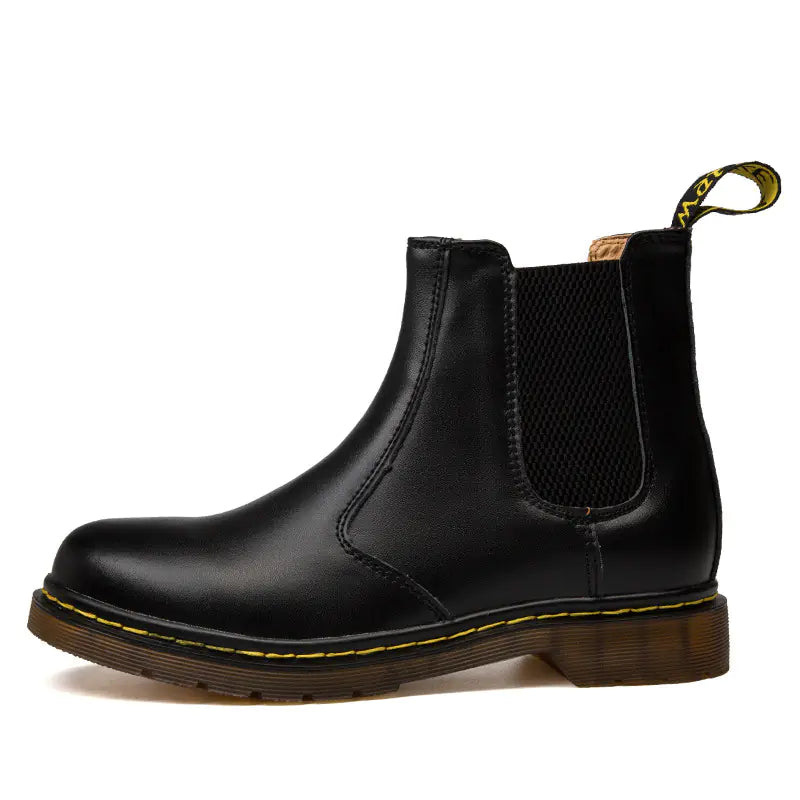 A stylish Doc Martens-style black and red cowhide leather Martin boot with a thick heel and yellow stitching detail.