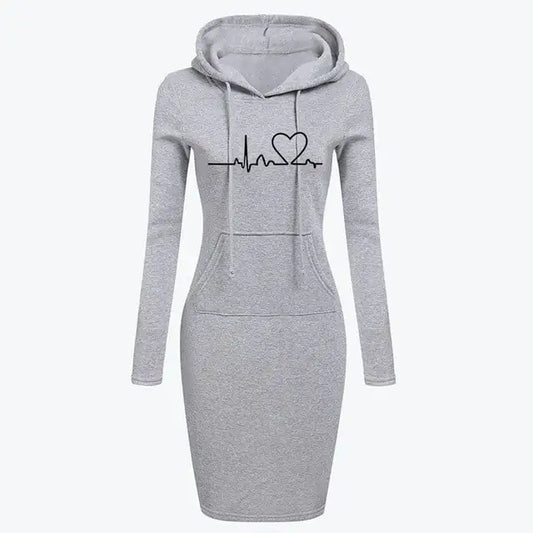 A long-sleeved gray hoodie dress with a hood and a heart graphic on the front.