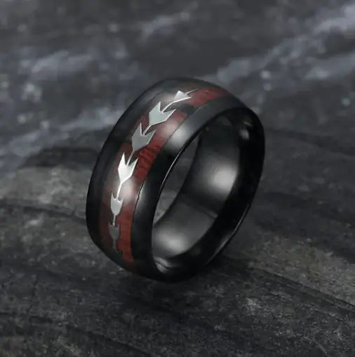 Stainless Steel Wood Grain Arrow Inlaid Ring WEM Support (www.WEM.support)