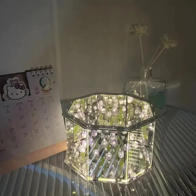 Luminária Abajur Music Box Noite Florida: Design de Tulipa e Rosa WEM Support (www.WEM.support)