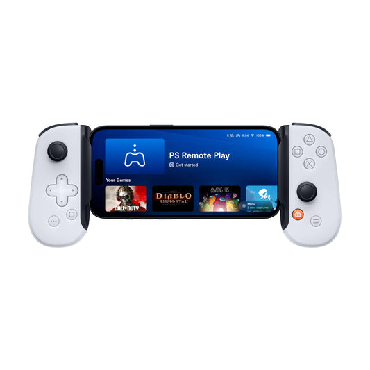 A mobile gaming controller with a Lightning connector, featuring a PlayStation interface on the screen.