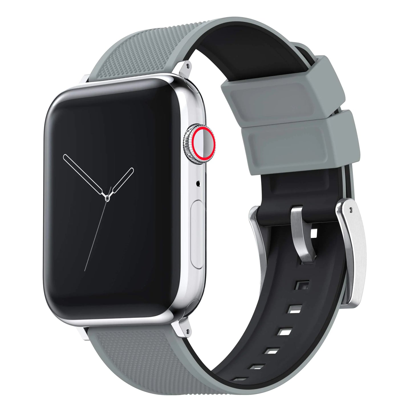 A dark brown silicone watch band with a silver metal clasp, compatible with Apple Watch models.