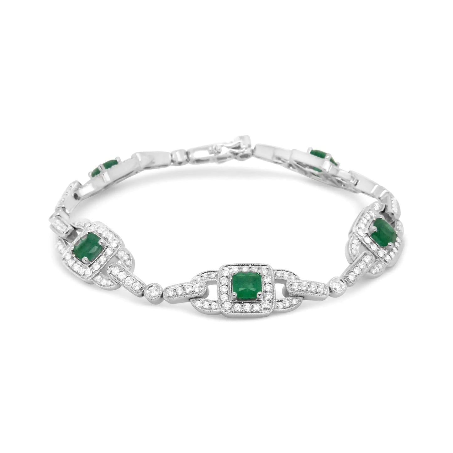 14K White Gold 5mm Emerald Cushion Cut and 2.00 Cttw Round Bezel-Set Diamond Link Bracelet - (H-I Color, VS1-VS2 Clarity) - Size 7" WEM Support (www.WEM.support)