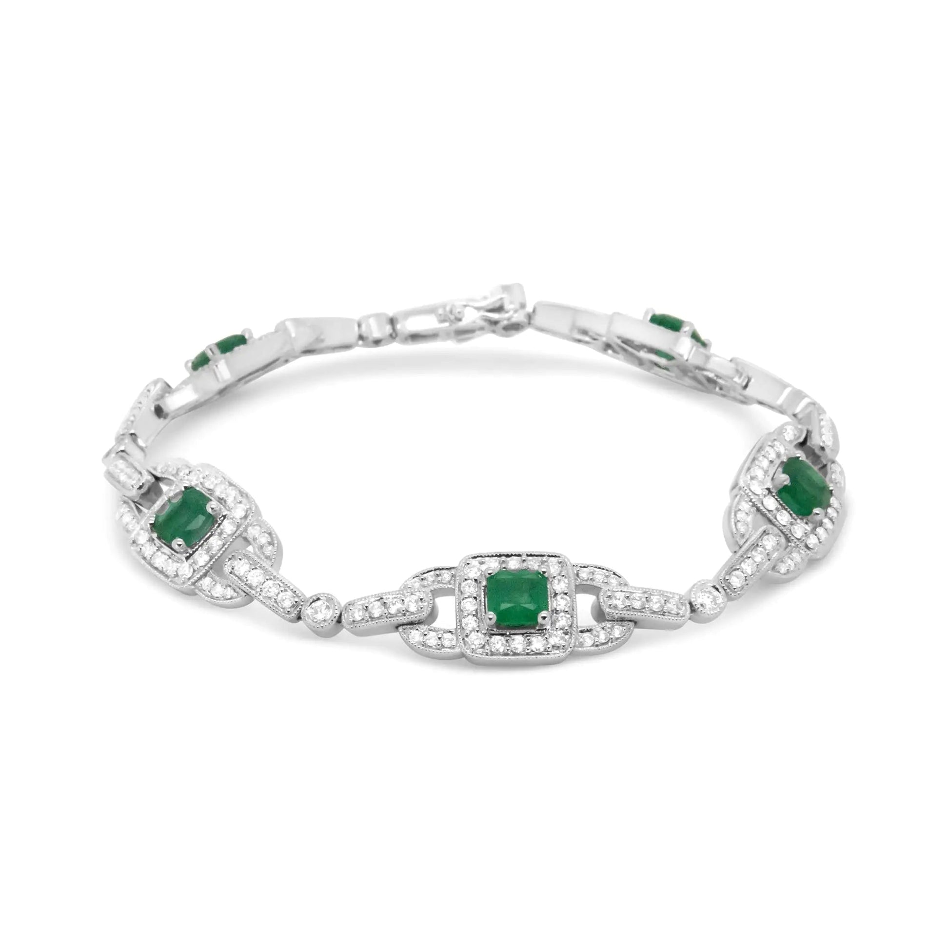 14K White Gold 5mm Emerald Cushion Cut and 2.00 Cttw Round Bezel-Set Diamond Link Bracelet - (H-I Color, VS1-VS2 Clarity) - Size 7" WEM Support (www.WEM.support)