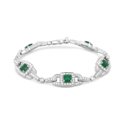 14K White Gold 5mm Emerald Cushion Cut and 2.00 Cttw Round Bezel-Set Diamond Link Bracelet - (H-I Color, VS1-VS2 Clarity) - Size 7" WEM Support (www.WEM.support)
