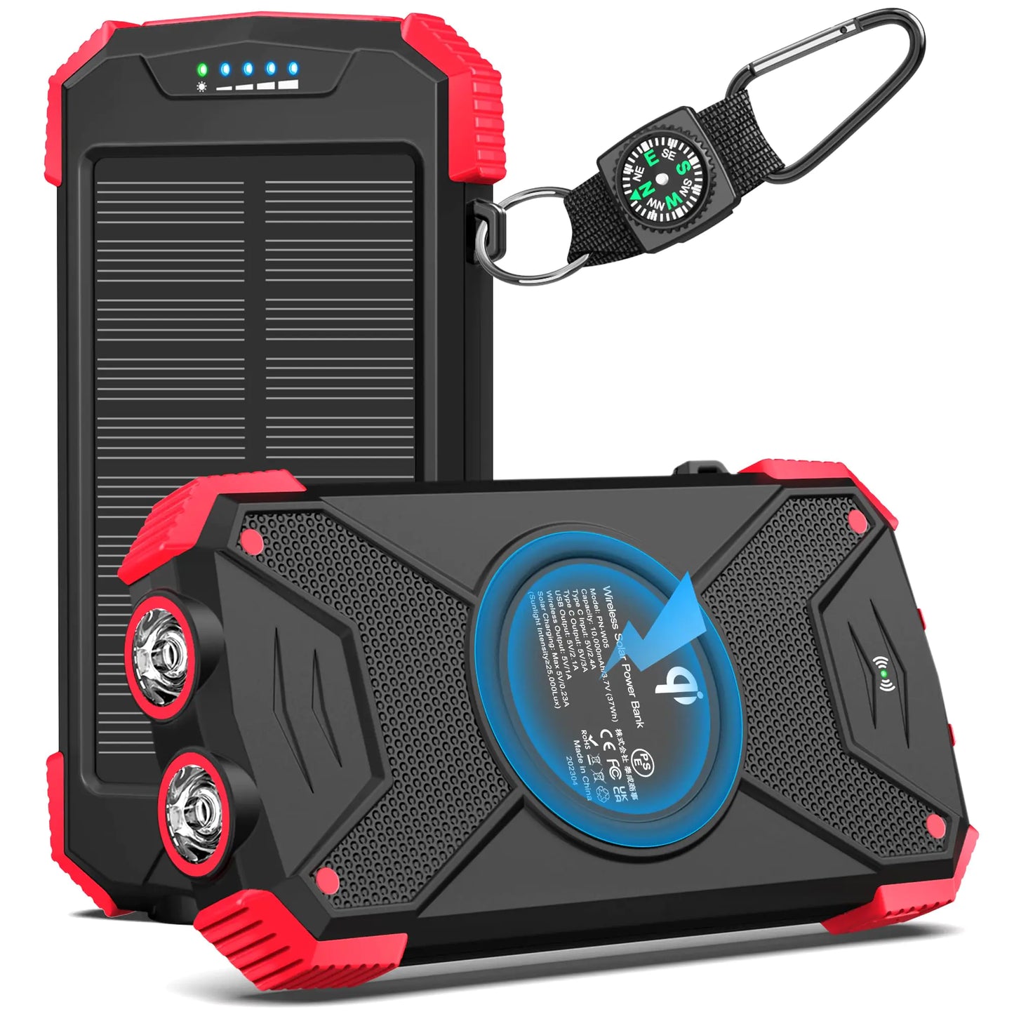 A black portable solar charger power bank with a solar panel on the top and a blue circular light indicator on the front. It also shows a compass attached to the power bank.