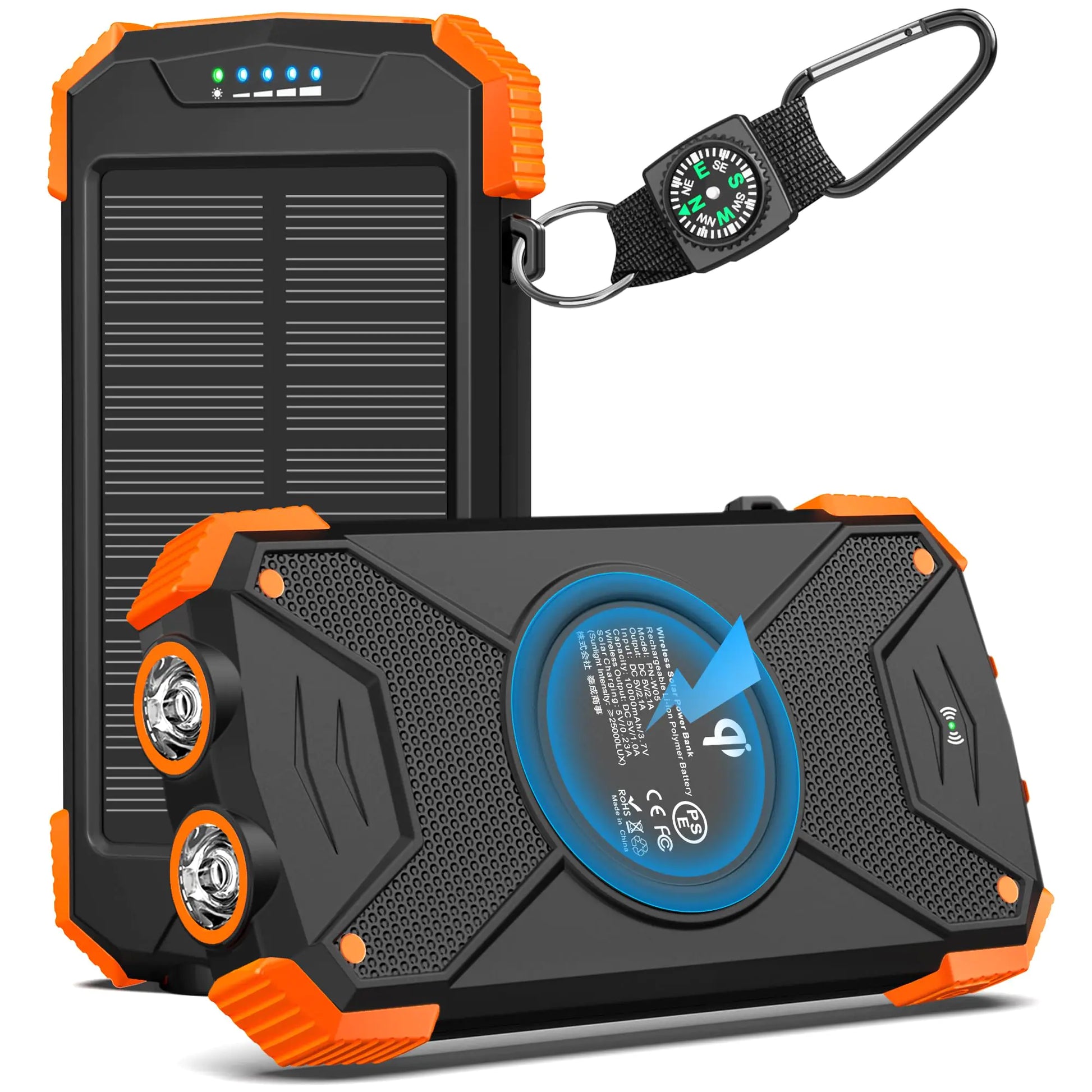 A black portable solar charger power bank with a solar panel on the top and a blue circular light indicator on the front. It also shows a compass attached to the power bank.