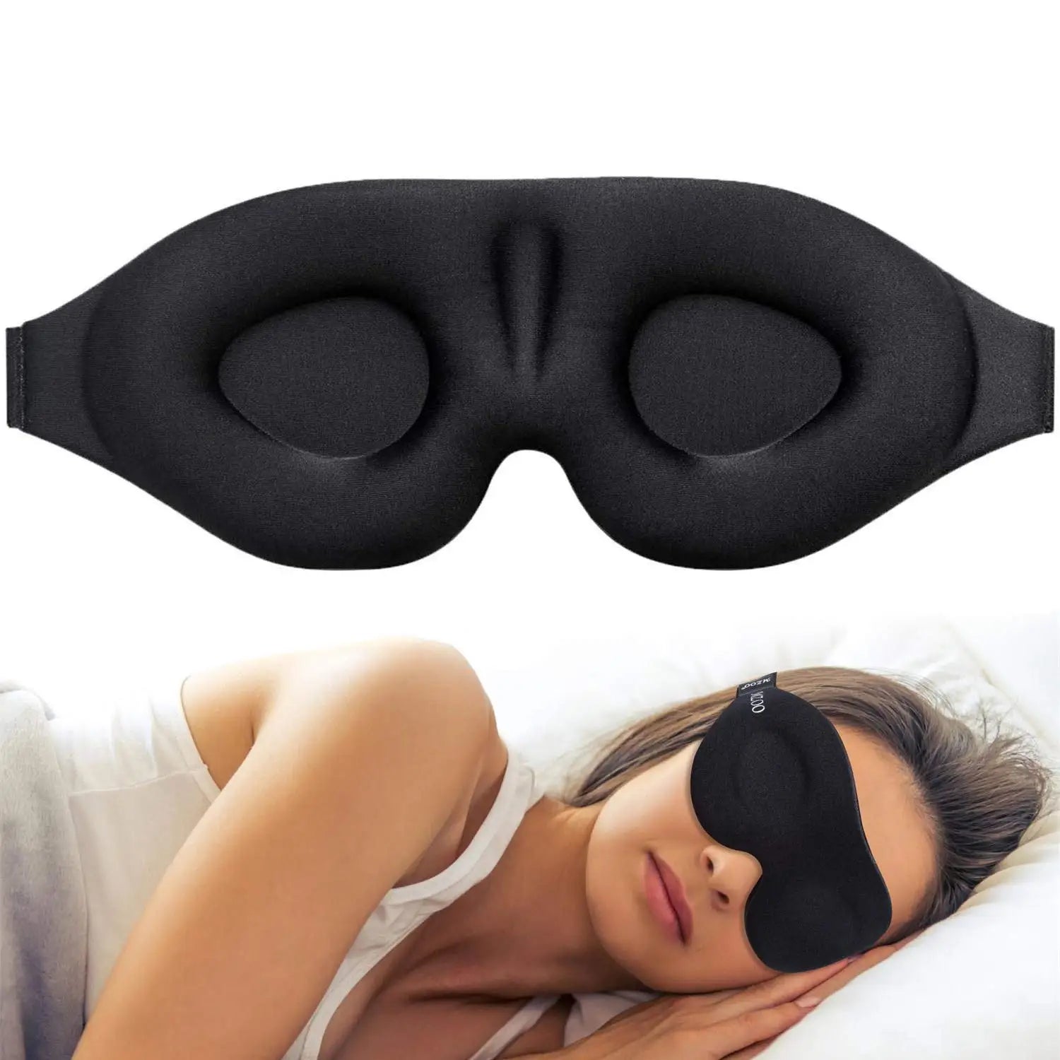 Black sleep mask on a white background with a person wearing it.