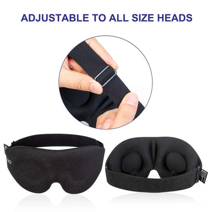 Black sleep mask with adjustable strap on a white background