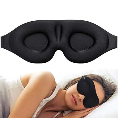 Black sleep mask on a white background with a person wearing it.