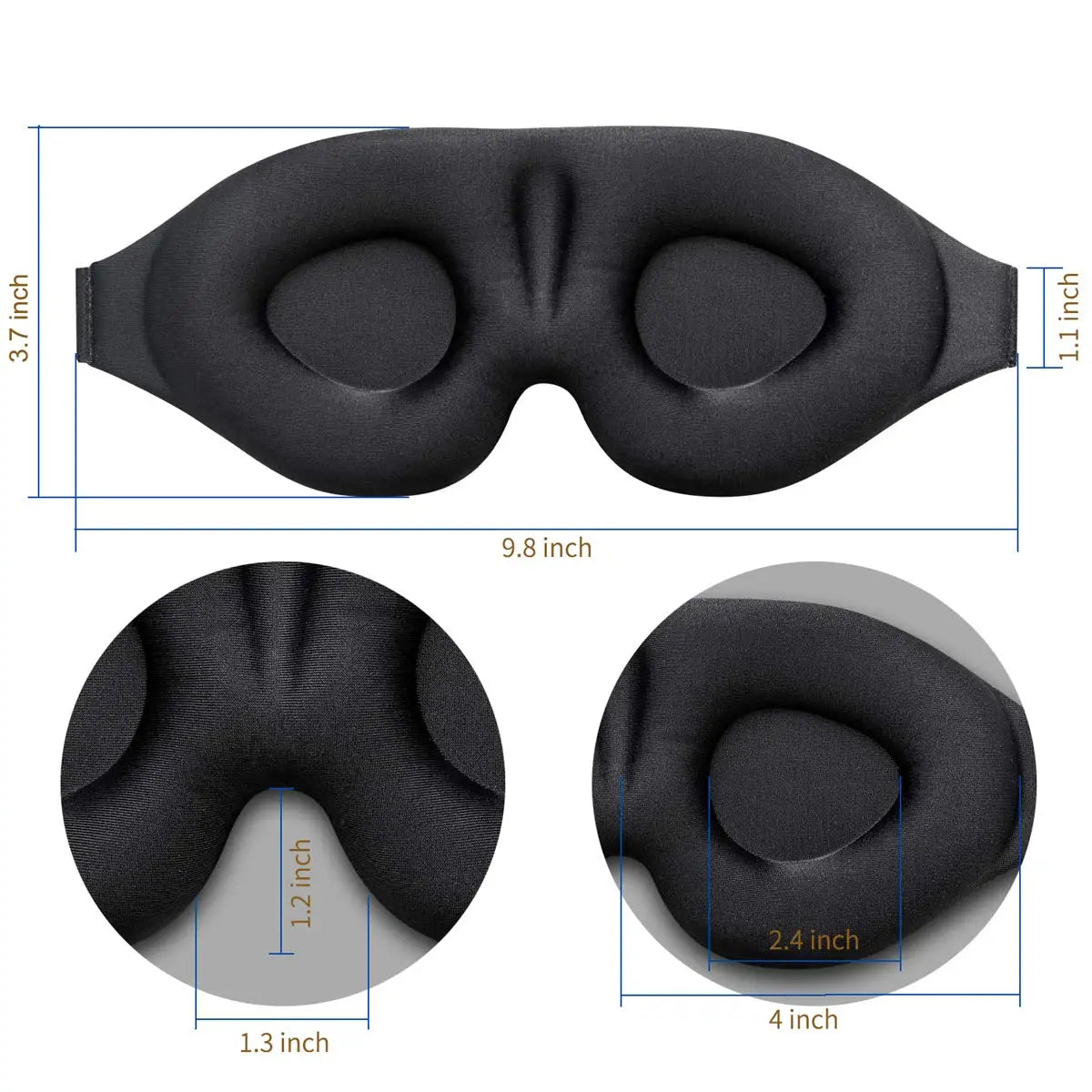 Black sleep mask with measurements on a white background