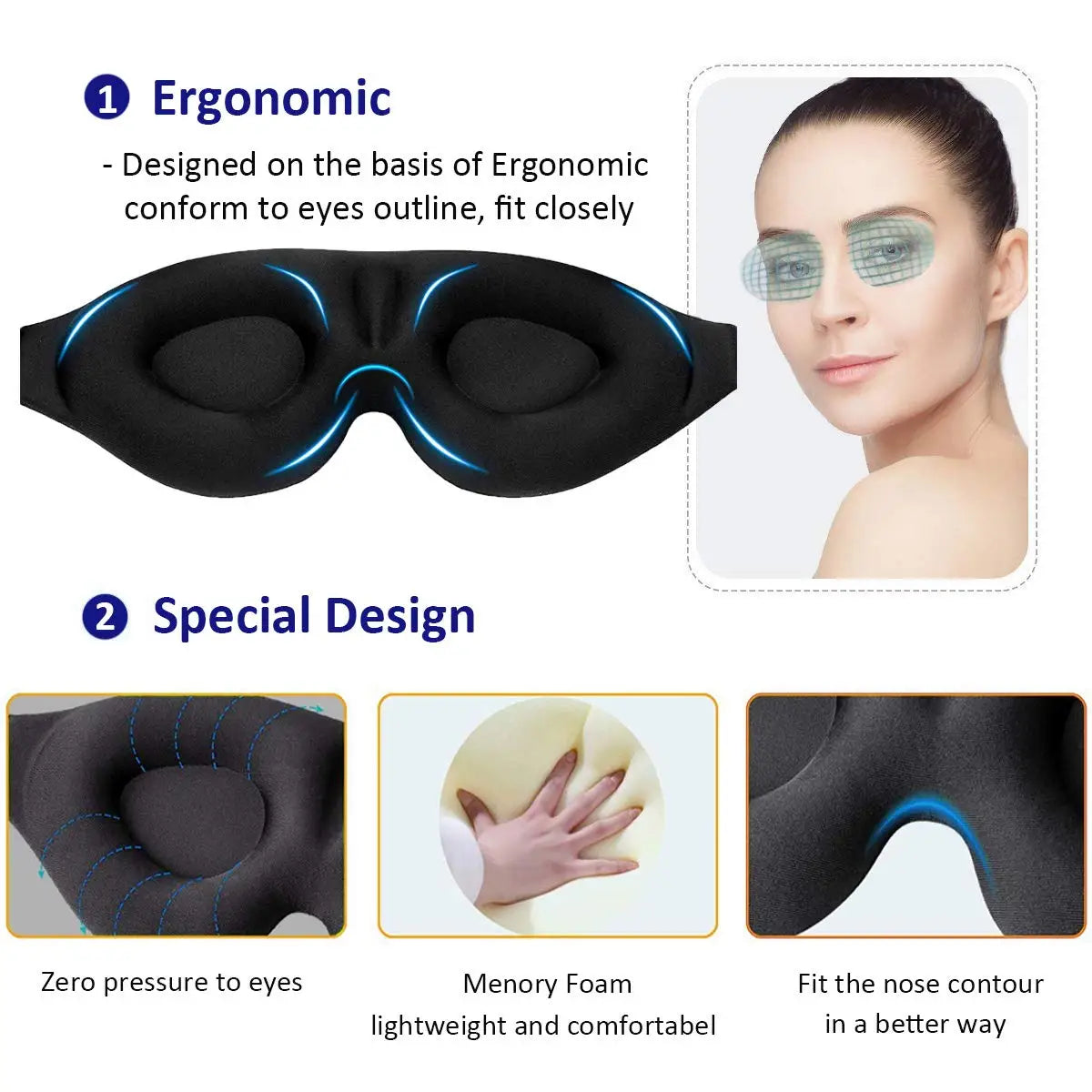 Ergonomic eye mask with text highlighting features and a woman wearing it.