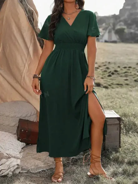 Solid Color And V-neck Bell Sleeve Elastic And Waisted Slimming Slit Long Dress WEM Support (www.WEM.support)