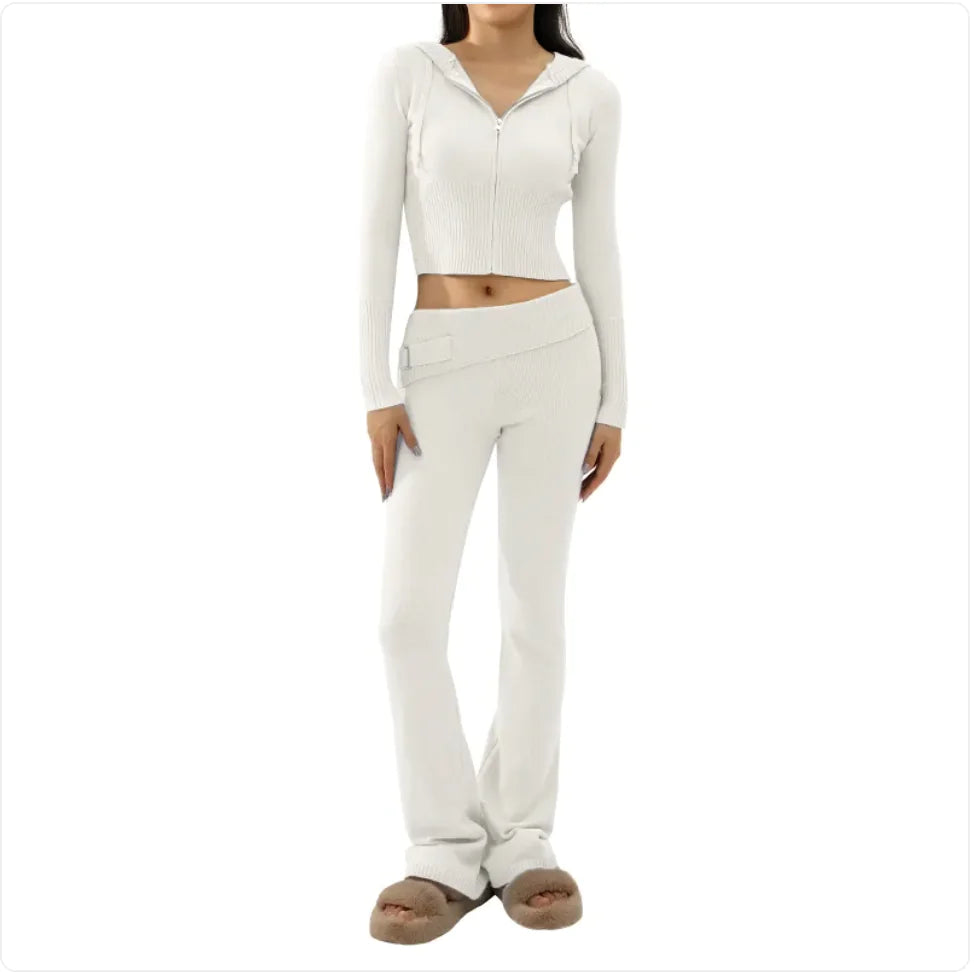 Women’s 2-Piece Knitted Hooded Set - Long-Sleeve Cardigan & High-Waist Trousers WEM Support (www.WEM.support)