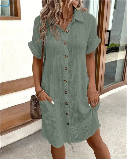 Summer Short Sleeve Shirt Dress Fashion Solid Color Single-breasted Mid-length Loose Dress WEM Support (www.WEM.support)