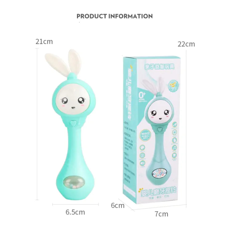A baby educational chew teether designed to look like a cartoon character. The toy is predominantly light blue with white accents and features a round shape with a handle for easy grip.
