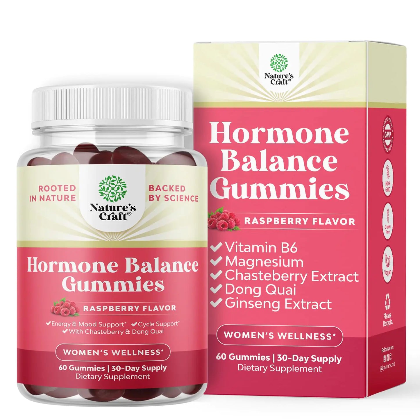 Hormone balance gummies packaging with bottle and box on white background