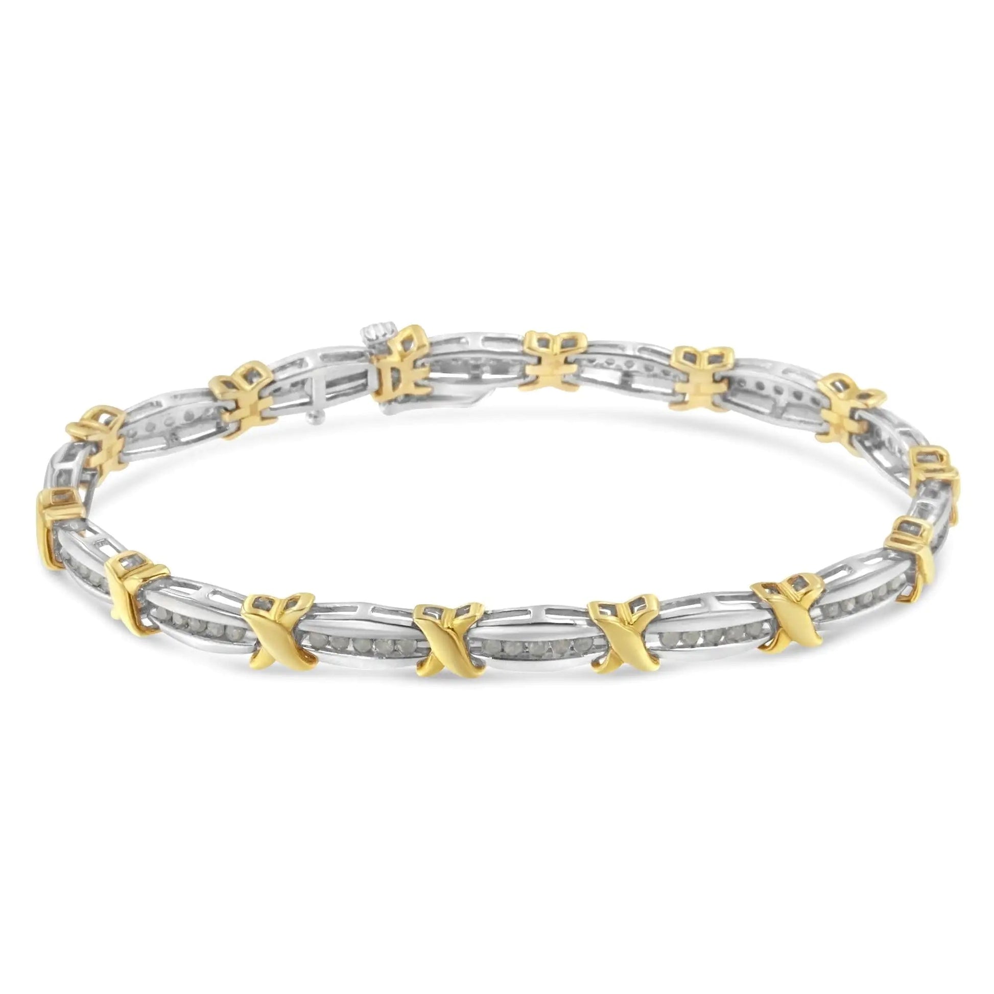 Two-Tone 10K Yellow Gold over .925 Sterling Silver 1.0 Cttw Diamond Channel Set Tapered & X-Link 7" Tennis Bracelet (H-I Color, I2-I3 Clarity) WEM Support (www.WEM.support)