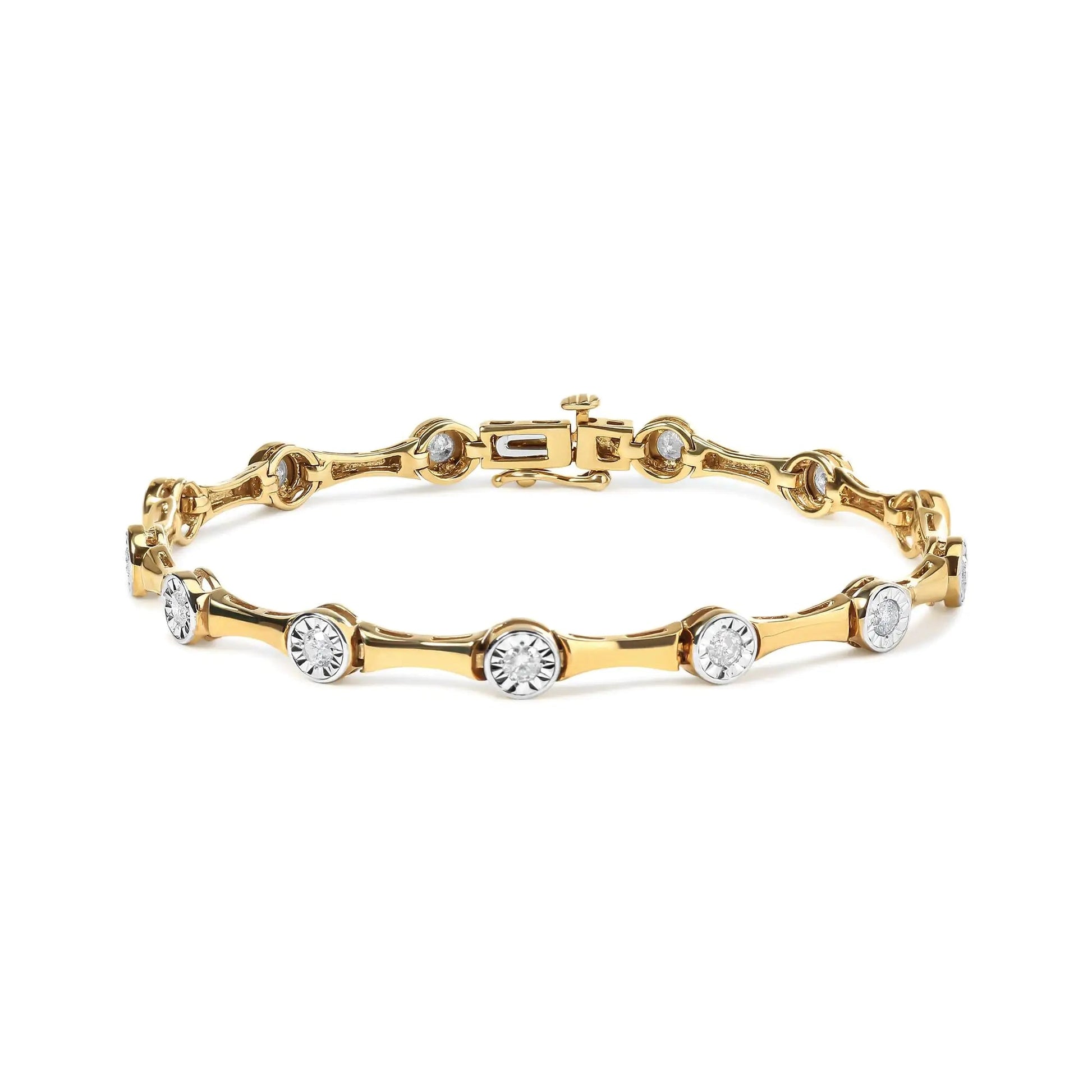 10K Yellow Gold Plated .925 Sterling Silver 1.0 Cttw Miracle Set Diamond Bezel Style Station Link Bracelet (H-I Color, I3 Clarity) - Size 7" WEM Support (www.WEM.support)