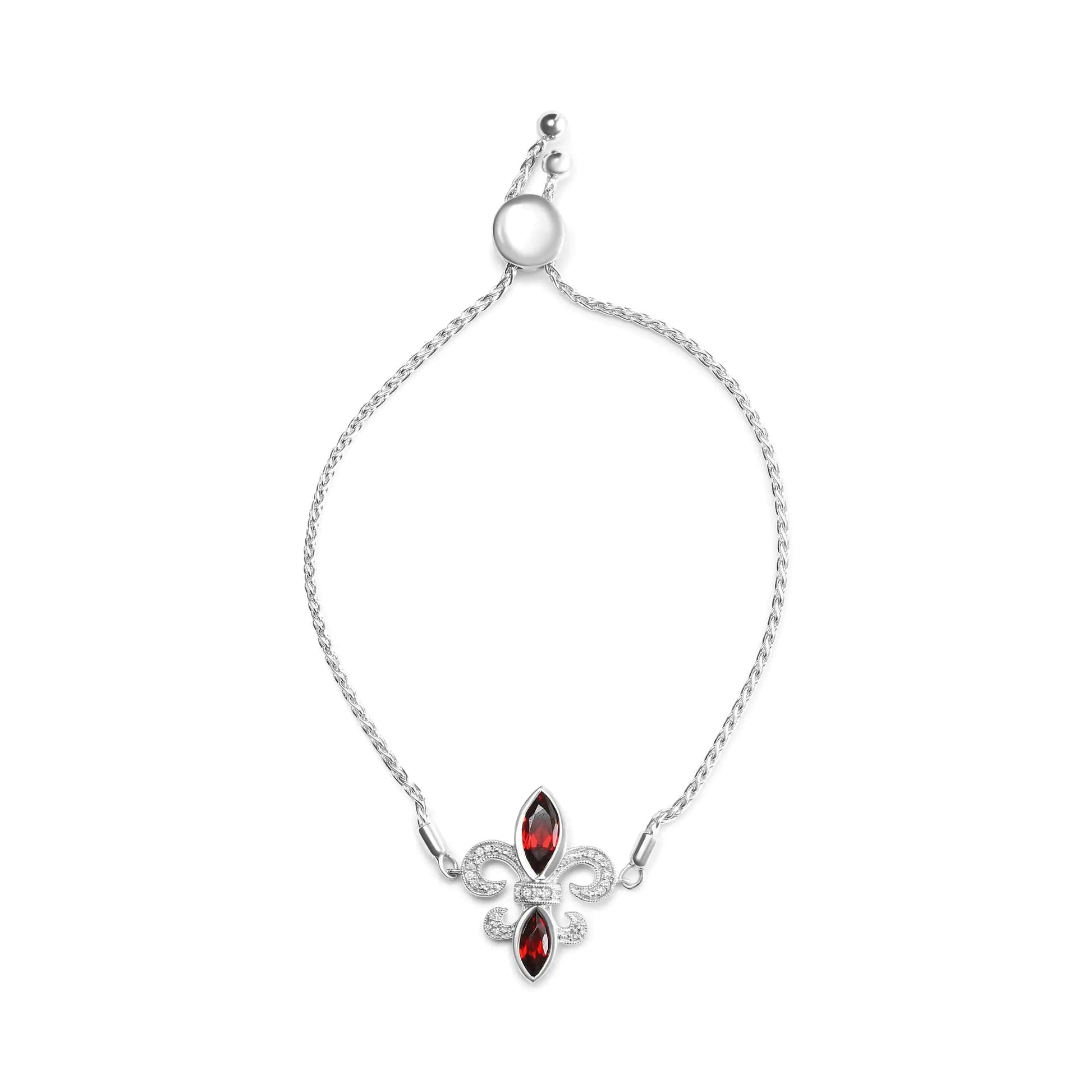 .925 Sterling Silver Marquise Garnet  and Diamond Accent Lariat 4”-10” Fleur De Lis Adjustable Bolo Bracelet (H-I Color, SI1-SI2 Clarity) WEM Support (www.WEM.support)