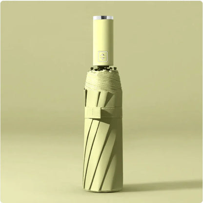 A black folding automatic umbrella with a metallic handle, shown in a closed state.