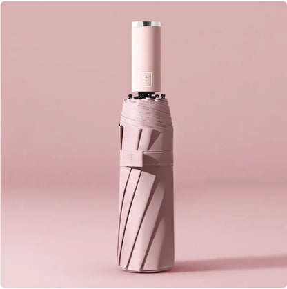 A black folding automatic umbrella with a metallic handle, shown in a closed state.